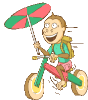 a cartoon of a monkey riding a tricycle while holding an umbrella