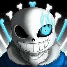 a drawing of a skeleton with glowing blue eyes