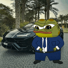 a cartoon frog in a suit stands in front of a black car with a license plate that says 48853