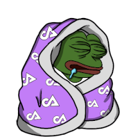 a cartoon of a frog wrapped in a purple blanket that says vca