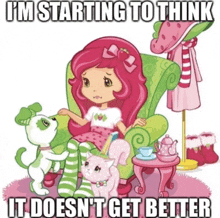 a cartoon of strawberry shortcake sitting in a chair with a dog and a cat