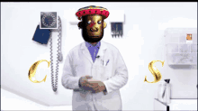 a doctor wearing a sombrero stands in front of a wall that has the letter c and s on it