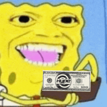 spongebob is holding a wallet with a 100 dollar bill on it