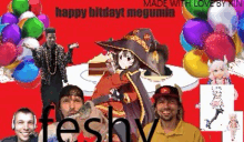 a collage of anime characters and balloons with the words happy bitdayt megumin