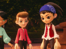 three cartoon characters standing next to each other with one wearing a blue headband with the letter c on it