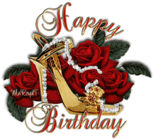 a happy birthday card with red roses and a shoe