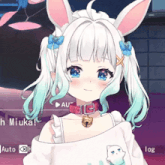 a girl with white hair and blue eyes is wearing a bunny ear necklace