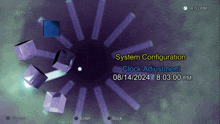 a video game screen shows the system configuration clock adjustment on 08/14/2024