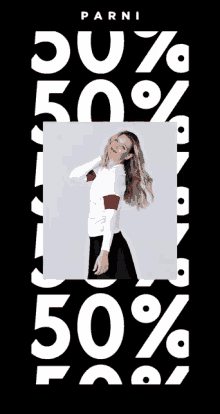 an ad for parni shows a woman in a white top and black skirt