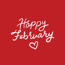 a red background with the words " happy february " and a heart