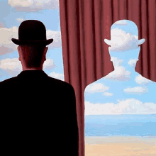 a man in a bowler hat is standing in front of a window with his reflection in the window .