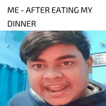 a young man is making a funny face while eating his dinner