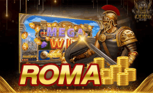 a roman soldier is holding a sword in front of a slot machine that says roma