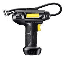 a black and yellow cordless air pump with a hose attached to it .