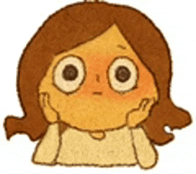 a cartoon girl with big eyes and a red cheek is holding her hands to her face .