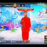 a man in a red robe is standing in front of a sign that says " 100 years old "