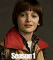 a young boy wearing a red vest and a plaid shirt is standing in front of a black background .