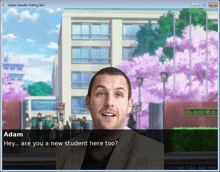 a video game called adam sandler dating sim shows a man talking to a girl