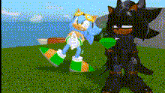 sonic the hedgehog and shadow the hedgehog are standing next to each other on a lush green field .