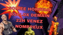 a poster for soiree horreur roblox demain 22h venez nombreux with shrek and a clown