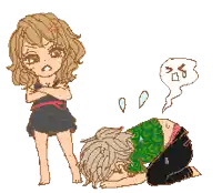 a pixel art drawing of a woman kicking a man on the ground