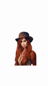 a woman with red hair is wearing a hat and a jacket