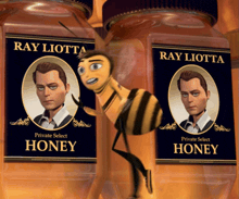 two jars of ray liotta private select honey with a bee on it