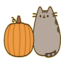 a cartoon cat is sitting next to a pumpkin on a white background