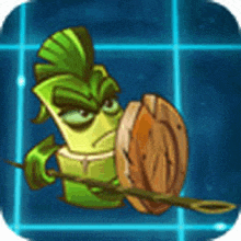 a green cartoon character is holding a wooden shield and a sword .