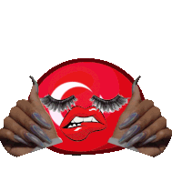 a woman with long nails is holding a red ball with a woman 's mouth and eyelashes on it