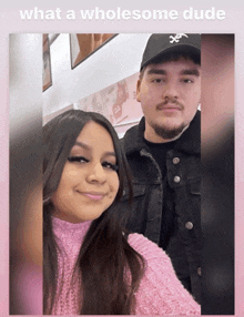 a man and a woman are posing for a picture with the words what a wholesome dude above them