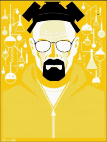 a poster of a man with glasses and a beard surrounded by beakers and flasks