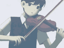 a boy is playing a violin with a skull on the bow