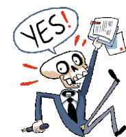 a cartoon of a skeleton holding a stack of papers with a yes speech bubble above him