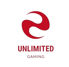 a logo for unlimited gaming shows a red swirl