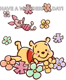 winnie the pooh is laying in a field of flowers and piglet is flying in the background .