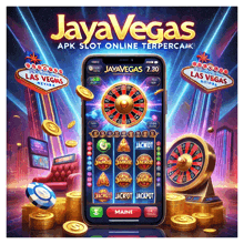 an advertisement for jayavegas shows a cell phone with a roulette wheel on the screen