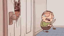 a cartoon of a man holding a knife while looking through a hole in a door .