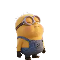 a yellow minion wearing overalls and goggles with the letter c on his pocket