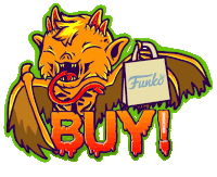 a cartoon of a devil holding a funko bag that says buy