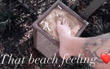 a picture of a person 's foot in a trash can with the words that beach feeling above it