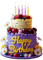 a purple and yellow birthday cake with candles and berries says happy birthday
