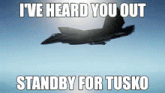 a picture of a fighter jet with the words i 've heard you out standby for tusko below it
