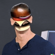 a man with a hamburger on his head is wearing a mask