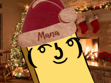 a yellow pencil wearing a santa hat with the name mana on it