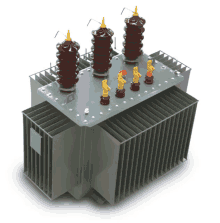 a large gray transformer with three ceramic insulators on top of it