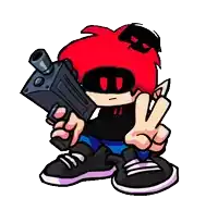 a cartoon character is holding a gun and giving a peace sign .