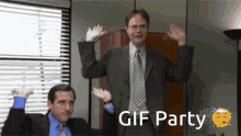 two men in suits and ties are waving their arms in the air with the words gif party above them