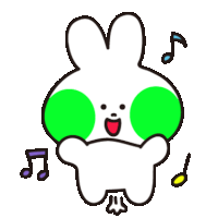 a cartoon rabbit with green spots on its face is dancing with music notes .