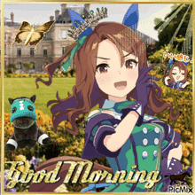 a picture of a girl with a horse and the words good morning on the bottom